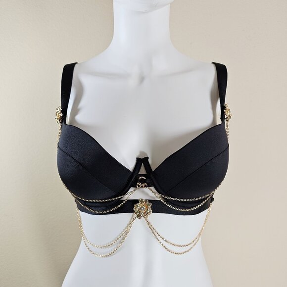 Honey Birdette Roneet Black Push-Up Demi Bra with Gold Chains Size 34G - Picture 1 of 7